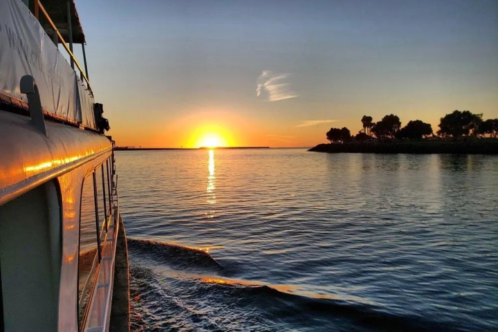 Boat cruising on water at sunset with trees in the distance.