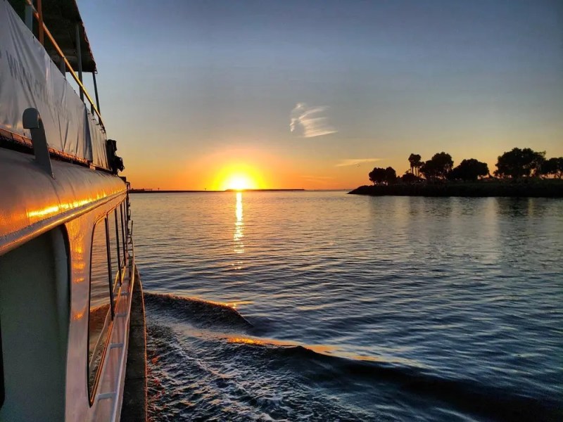 Boat cruising on water at sunset with trees in the distance.