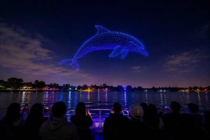 People watch a large dolphin shape formed by blue drones over a lake at night.