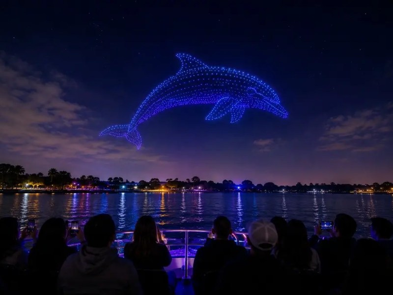 People watch a large dolphin shape formed by blue drones over a lake at night.