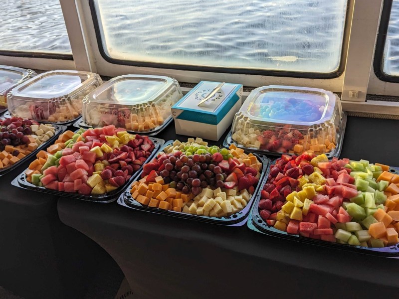 a tray of food on a picnic table