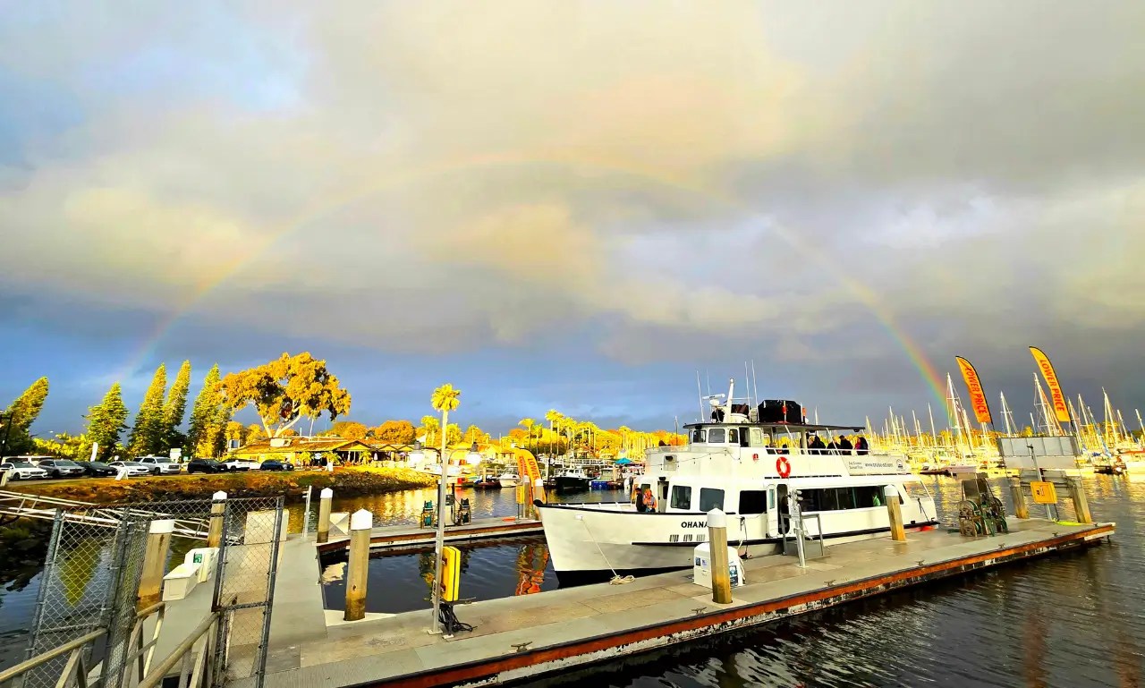 Boat docked at marina with rainbow in cloudy sky.