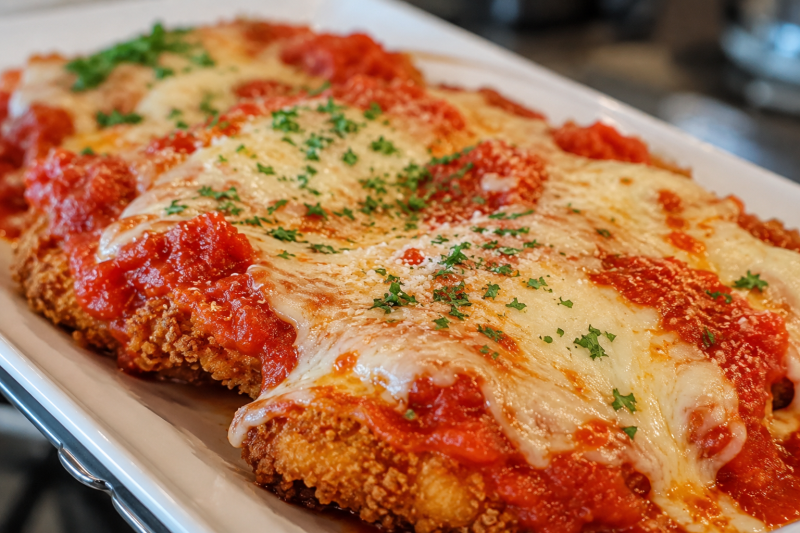 Chicken parmesan with tomato sauce and melted cheese on a white platter.