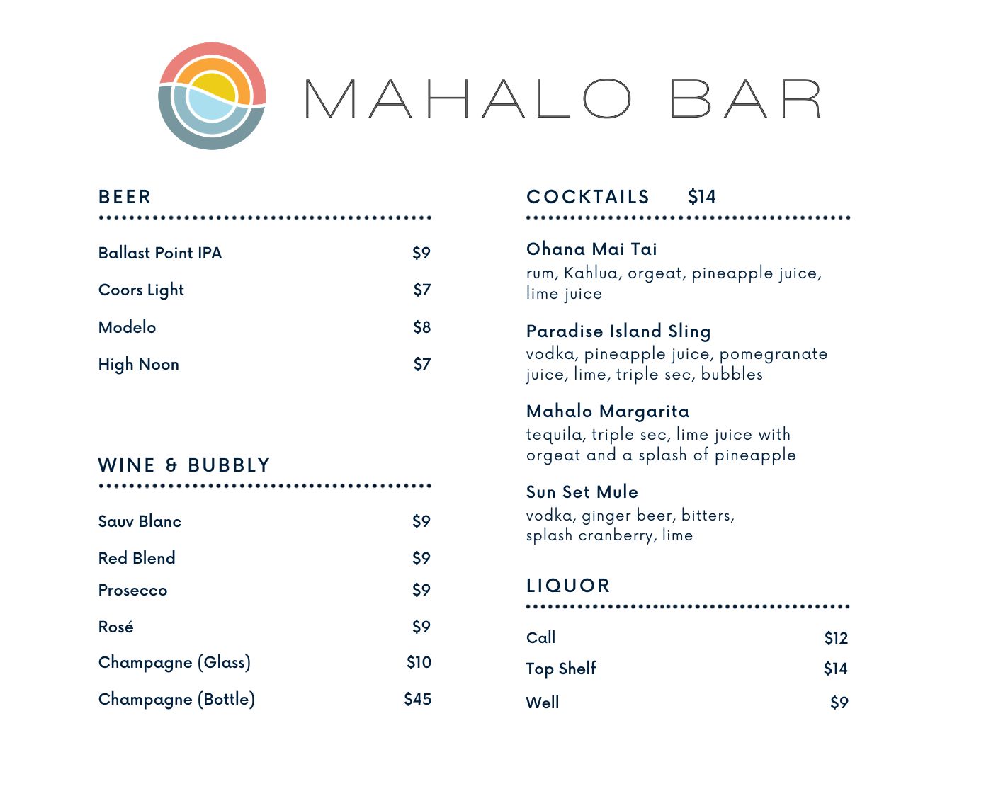 Mahalo Bar menu listing beers, wines, cocktails, and liquors with prices.