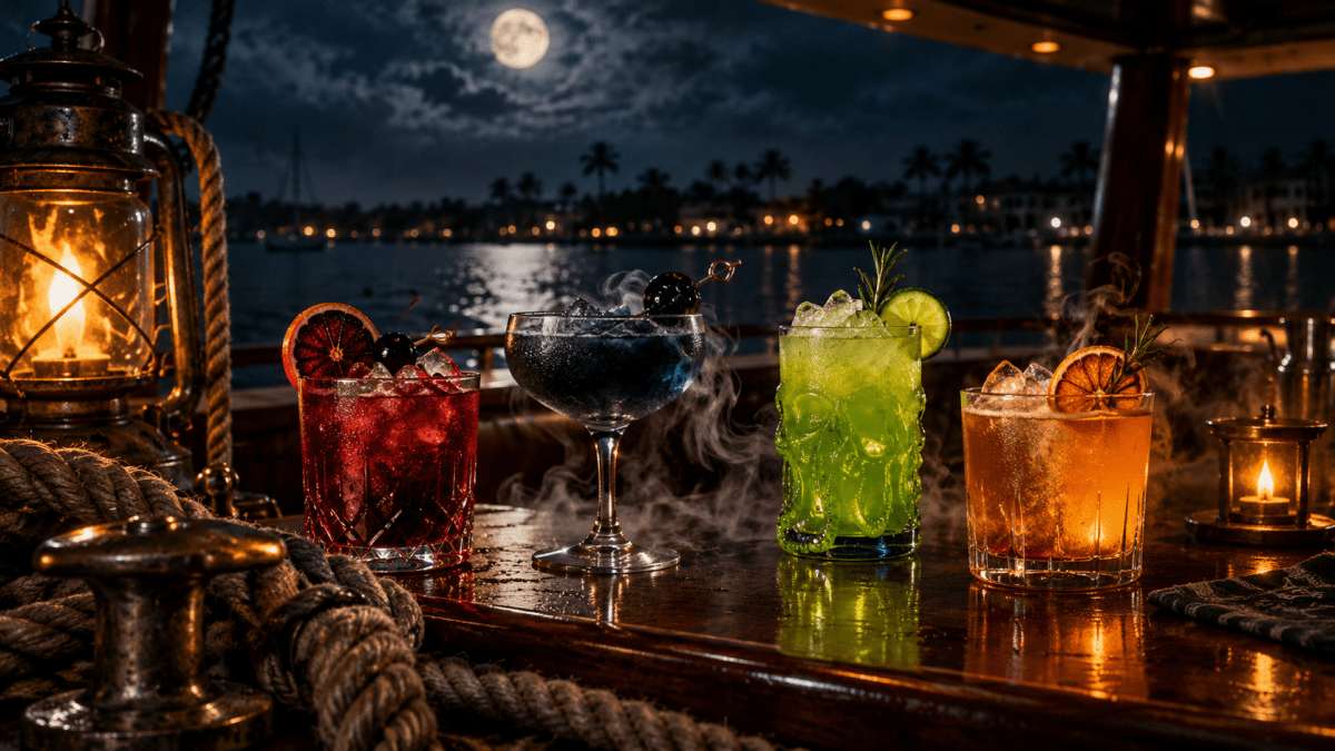 Four colorful cocktails on a wooden bar with a moonlit lake view.