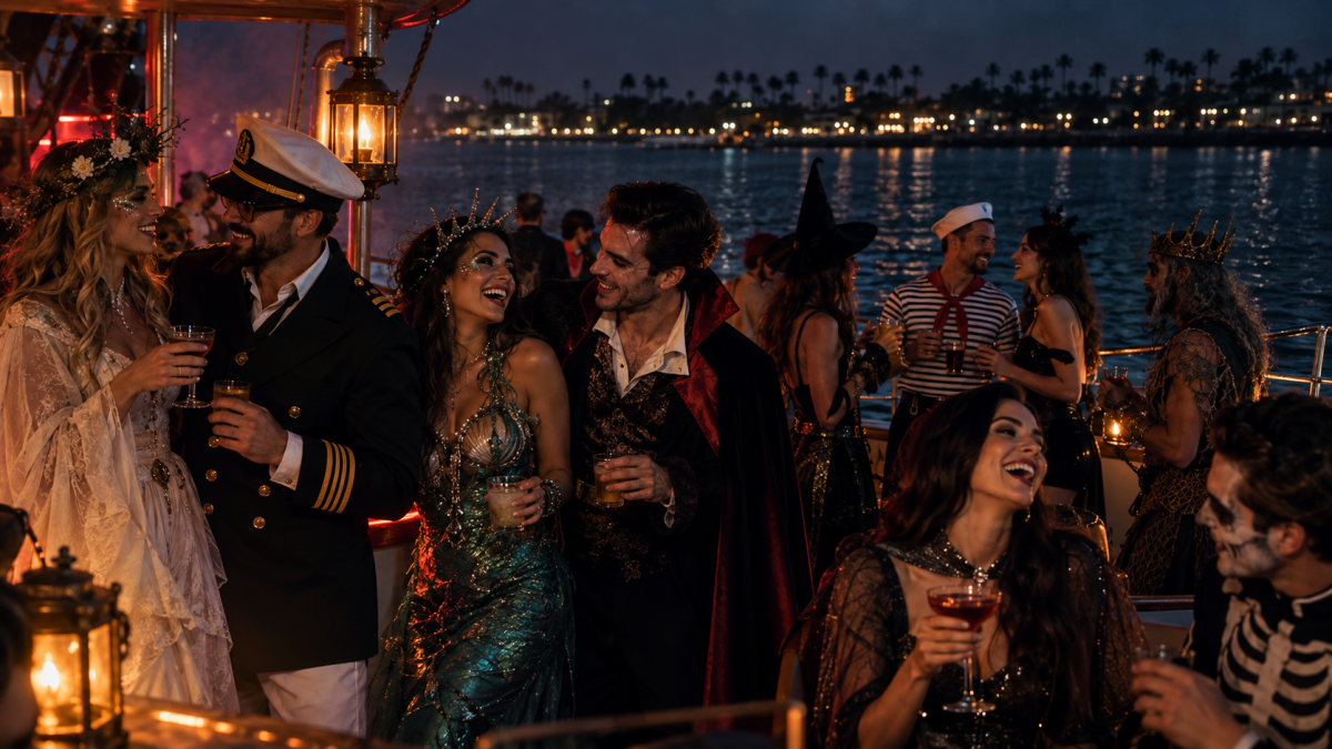 Costumed people on a boat at night, festive atmosphere with lights and ocean in background.