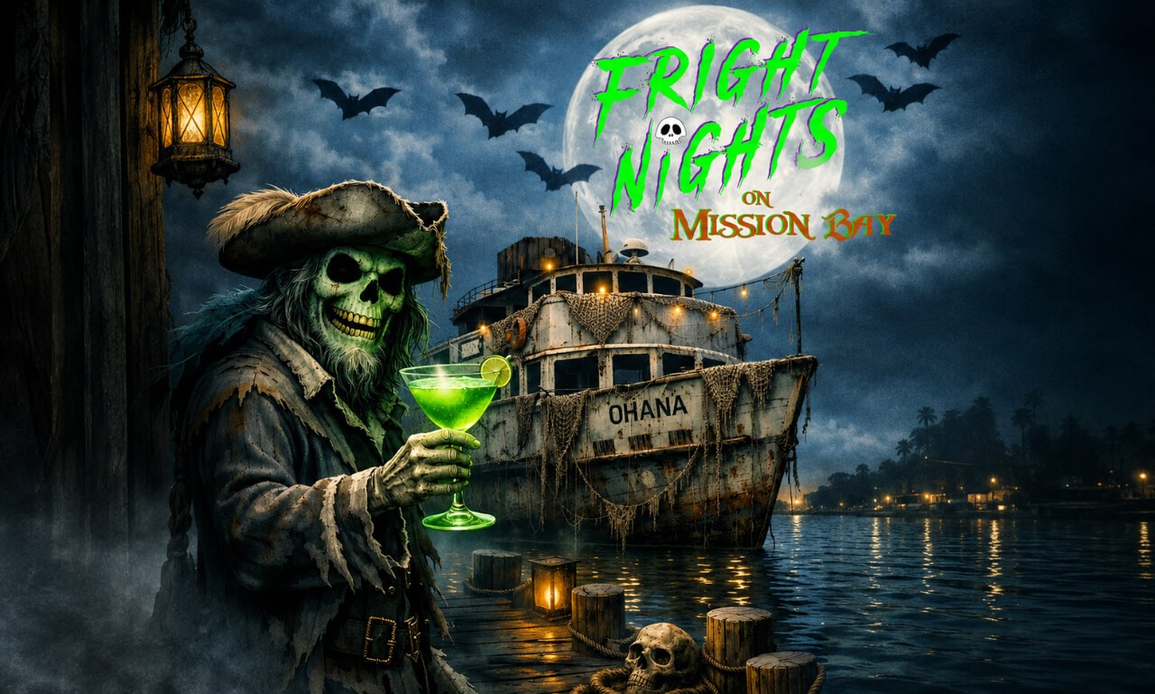 Skeleton pirate with cocktail, ship in background, bats, and full moon.